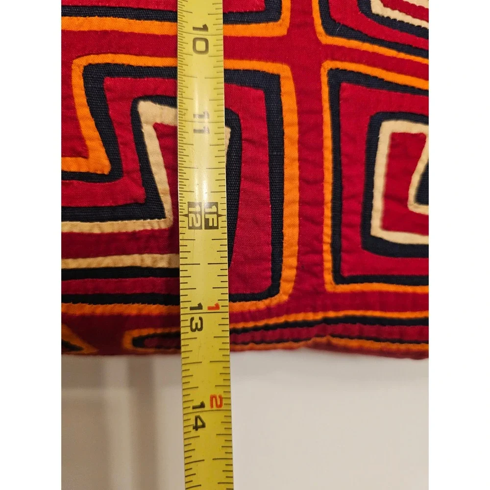 Handmade Kuna Indian Mola Pillow Red Geometric‎ Folk Art Panama 16x13
